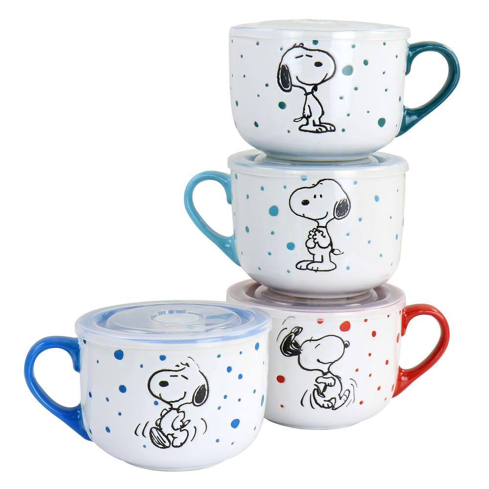 Gibson Peanuts Freckled Joy 25 fl. oz. Assorted Colors Stoneware Soup Bowl Cup and Lid (Set of 4) 985118492M