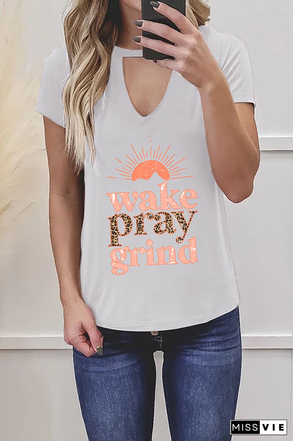 Wake Pray Grind Leopard Graphic Tees for Women Wholesale Short Sleeve T shirts Top