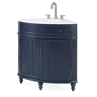 Benton Collection Thomasville 24 in. W x 24 in D. x 34.5 in. H Corner Bath Vanity in Navy Blue with White Quartz Top and porcelain Sink ZK-47588NB