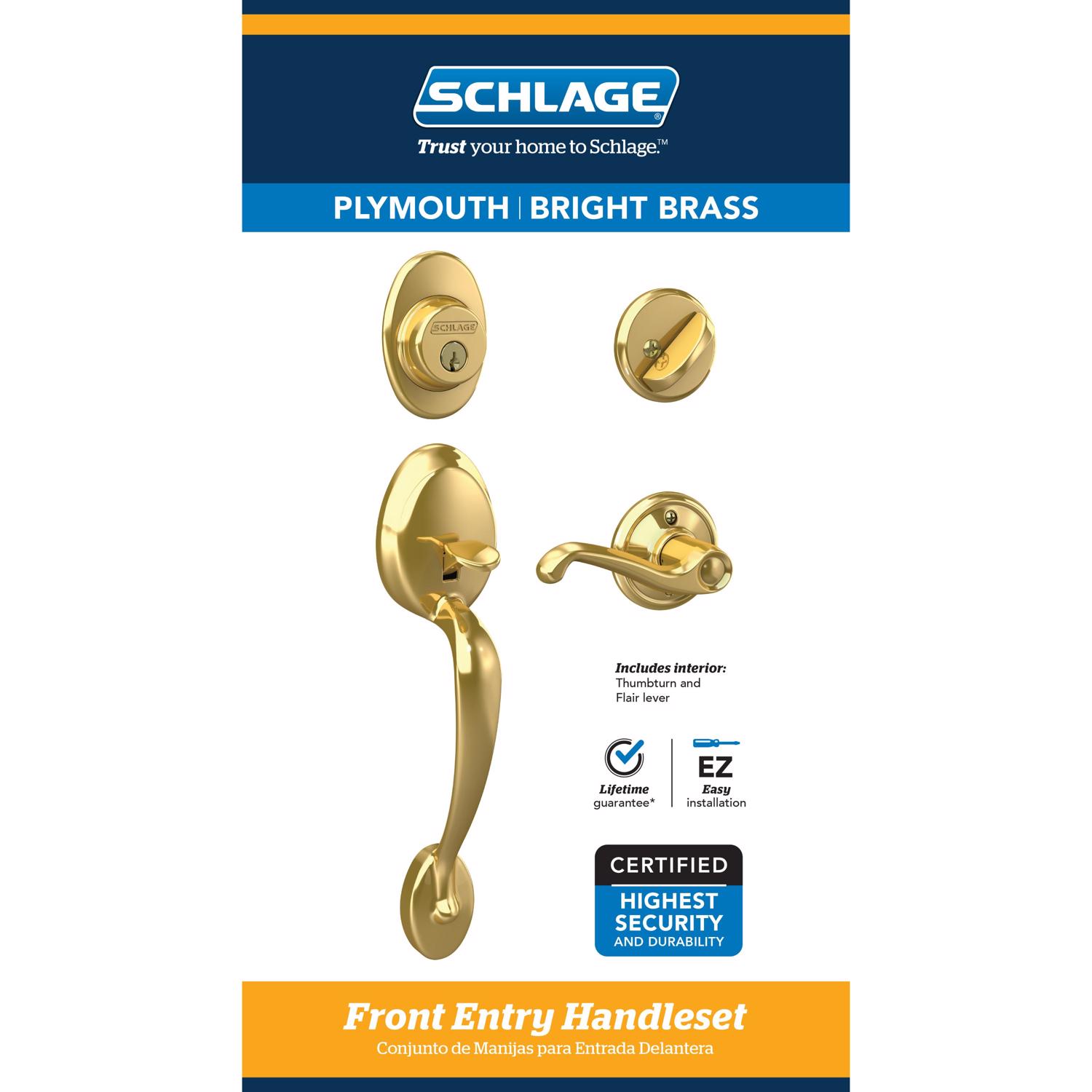 Schlage Plymouth， Flair Bright Brass Entry Handleset 1-3/4 in.