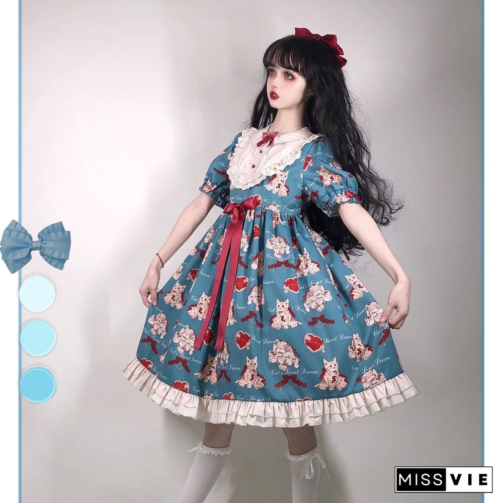 Japanese Sweet Kawaii Lolita dress gray-green wish cat Lolita cat Vintage Victorian Gothic Bow Princess Tea Party Dresses