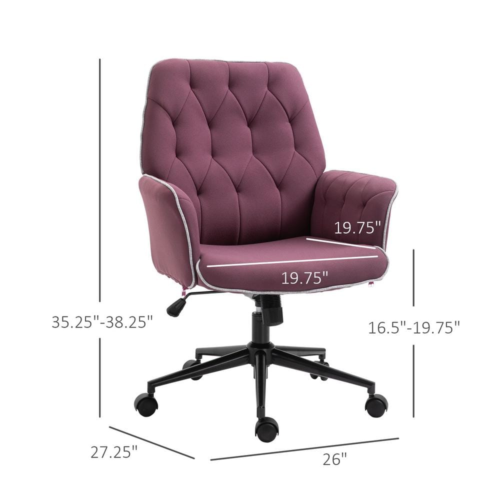 Vinsetto Purple, Modern Mid-Back Tufted Fabric Home Office Desk Chair with Arms, Swivel Adjustable Task Chair, Upholstery Chair 921-102VT