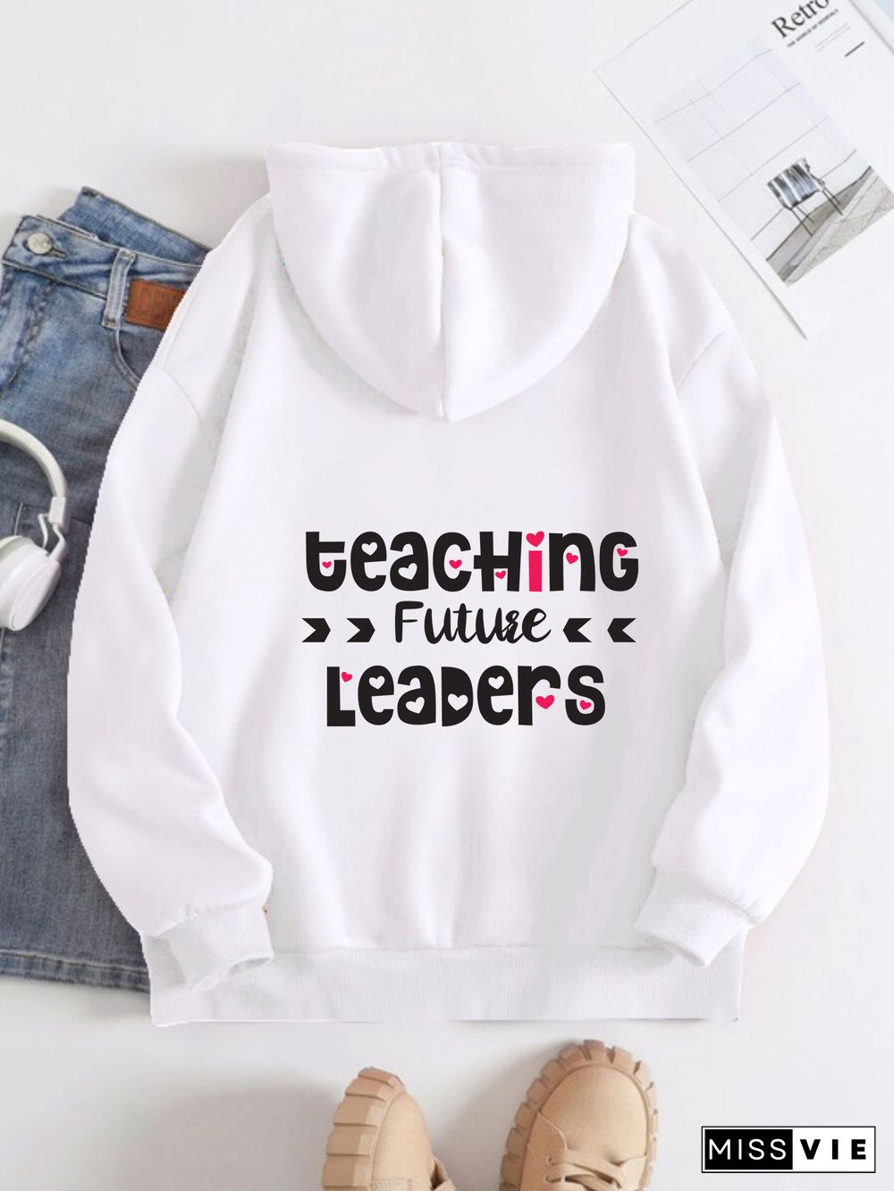 Printed on the Back Kangaroo Pocket Hoodie Long Sleeve for Women Pattern Teacher's Day greetings