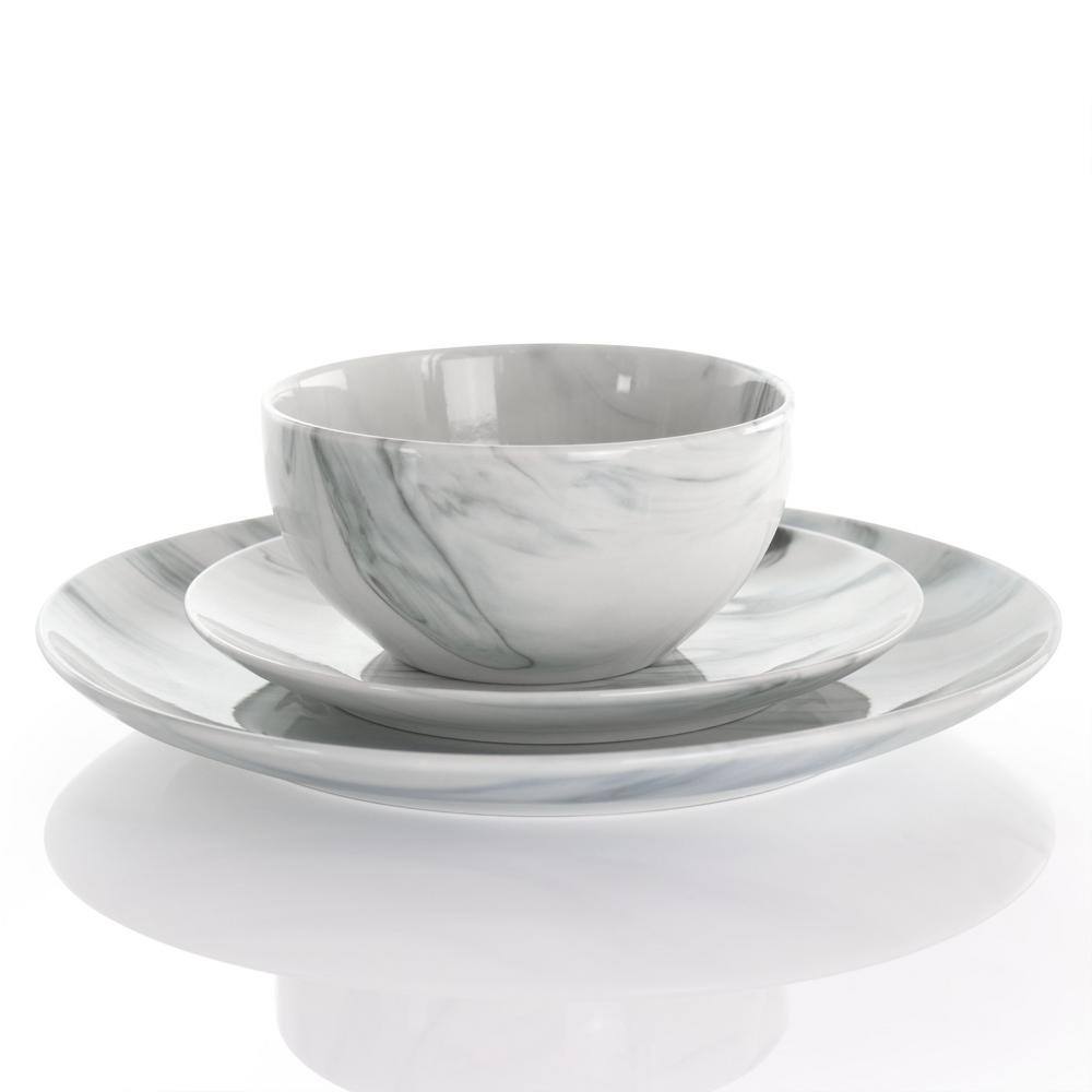 Elama 16-Piece Fine Marble Black and White Stoneware Dinnerware Set (Service for 4) 985114800M