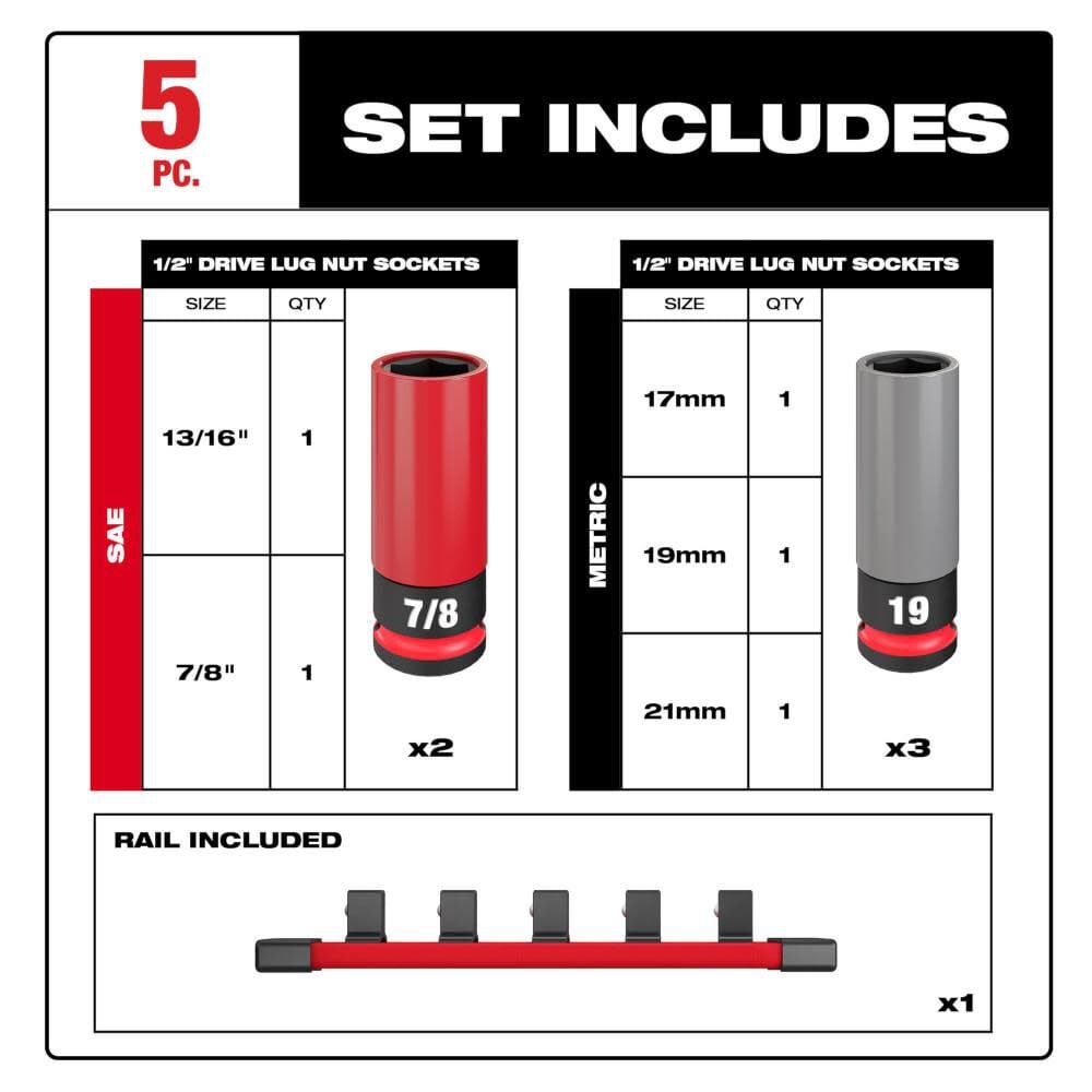 Milwaukee SHOCKWAVE Impact Duty Socket 1/2 Drive SAE and Metric 5PC Lug Nut Wheel Set 49-66-7831 from Milwaukee