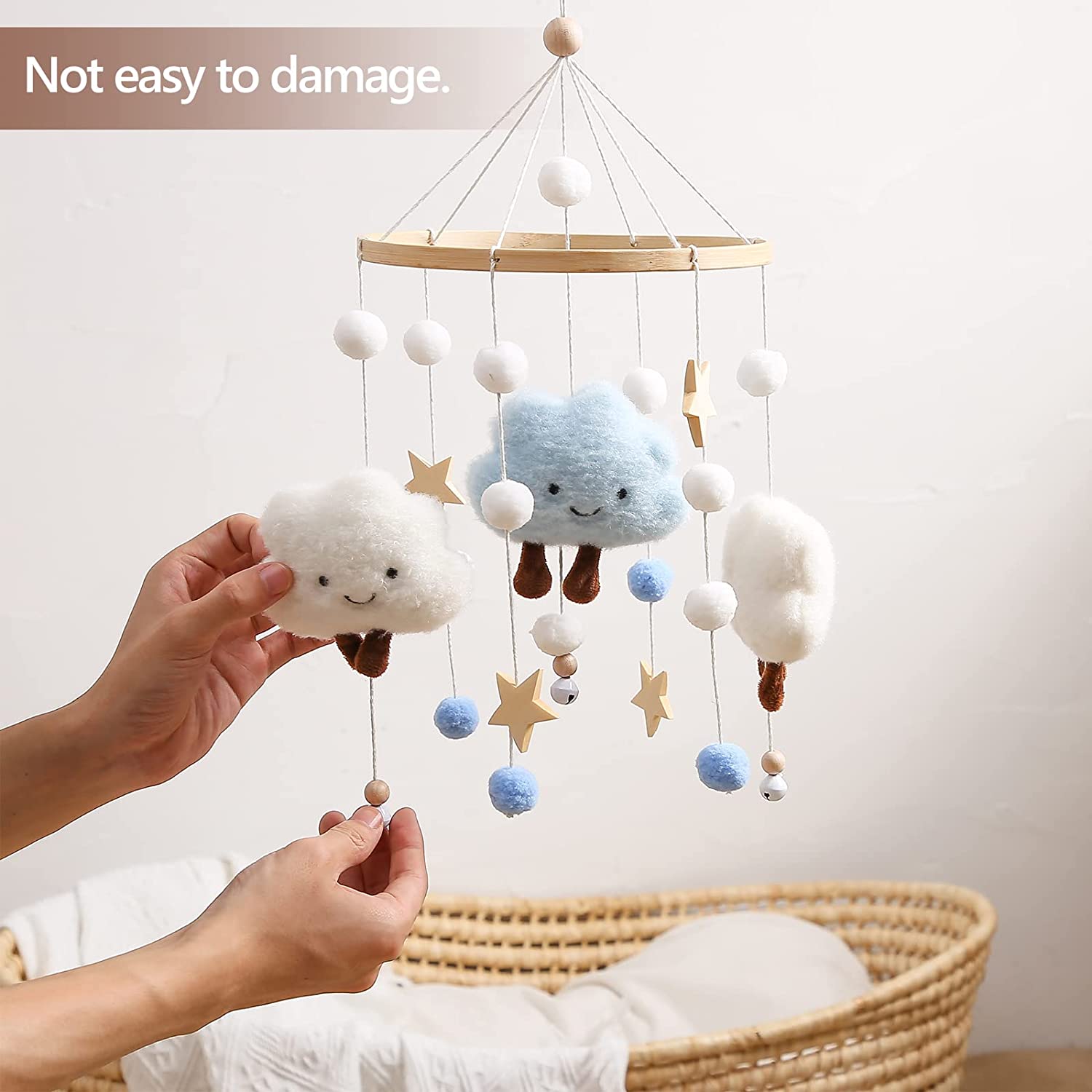 Baby Mobile for Crib， Boho Cloud Macrame Tassels with Hanging Rotating Toys Boho Nursery Decor Infant Bed Decoration for Newborn Boys and Girls， Blue