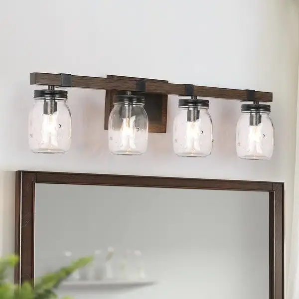 Kole Farmhouse 4-Light Wood Linear Bathroom Vanity Lights Mason Jars Wall Sconces