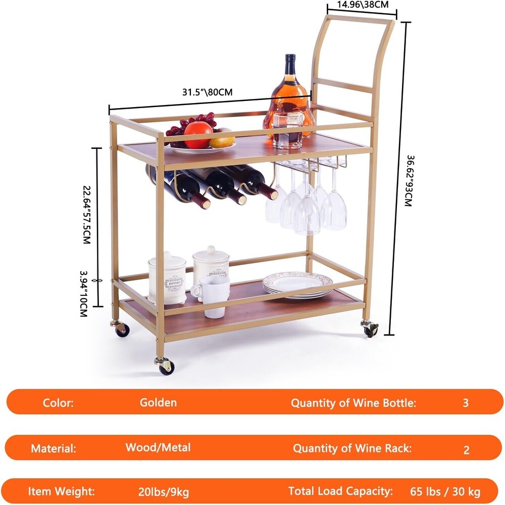 Gold Wood Wine Kitchen Cart with Wheels and Wine Rack