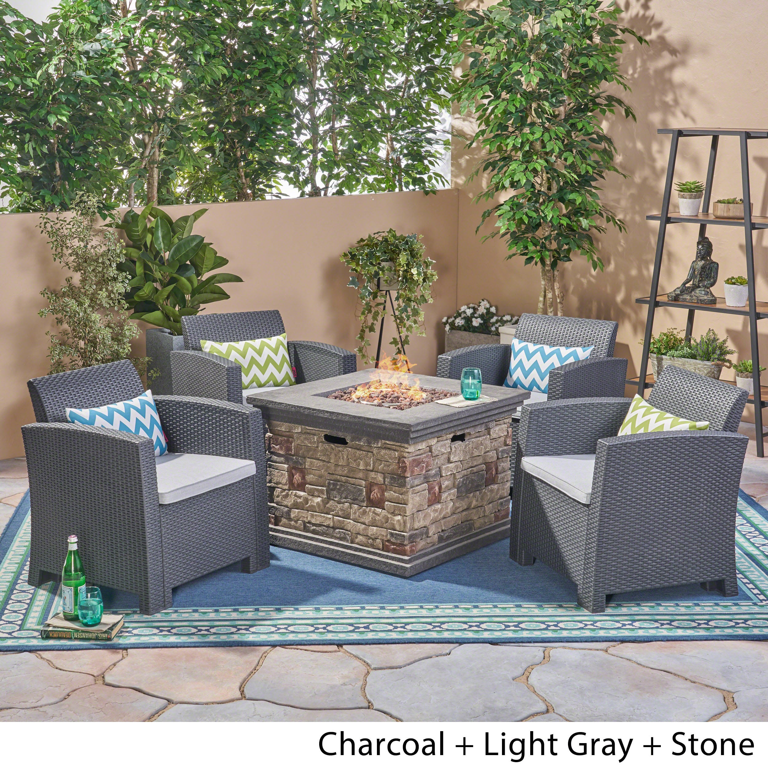 Casey Outdoor 4-Seater Wicker Print Club Chair Chat Set with Fire Pit