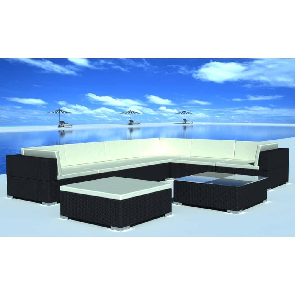 vidaXL 8 Piece Patio Lounge Set with Cushions Poly Rattan Black   28\