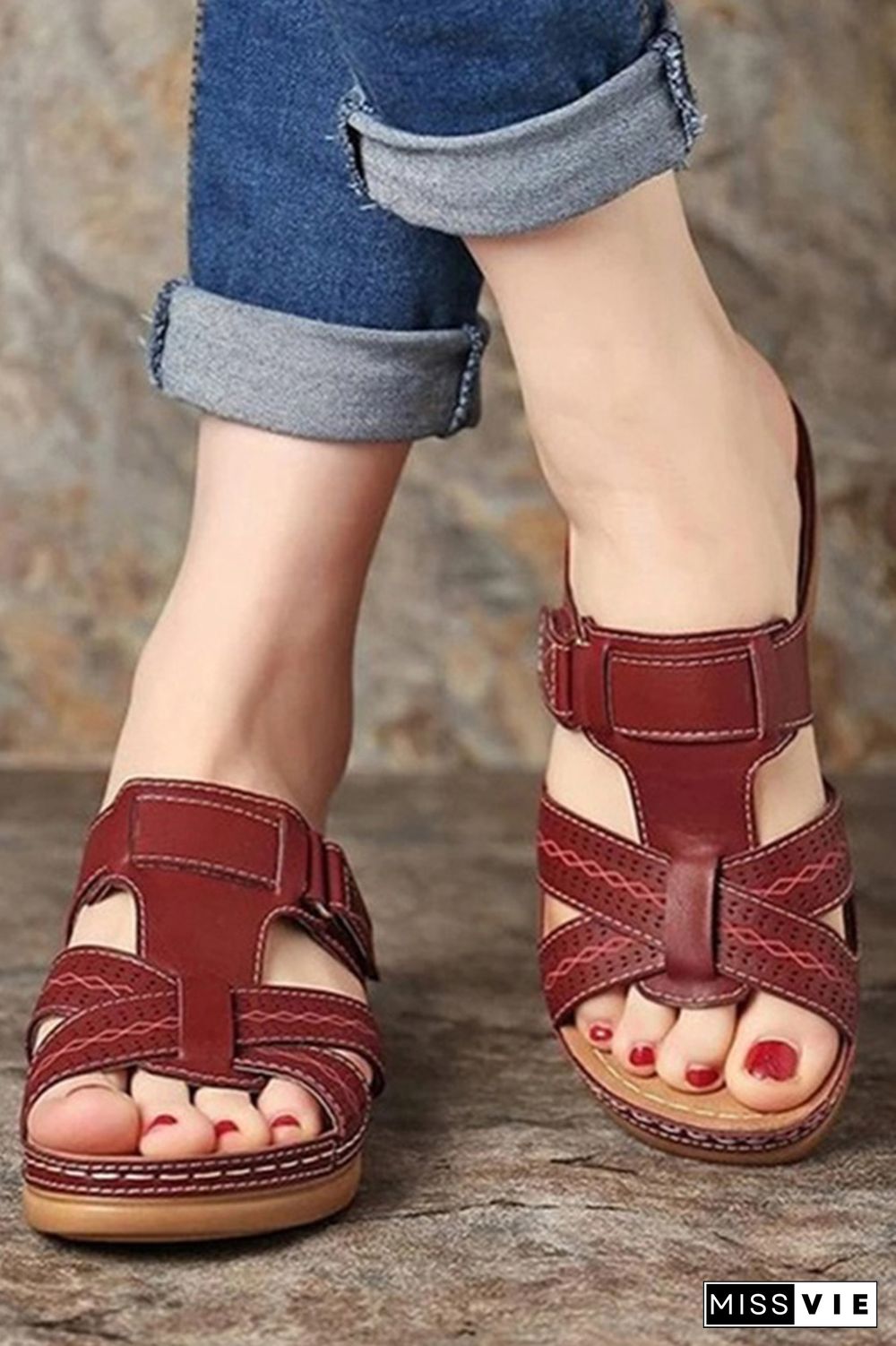 Leather Crisscross Straps Wedge Sandals