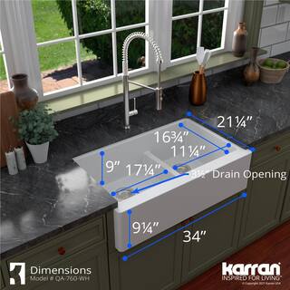 Karran QA-760 QuartzGranite 34 in. Double Bowl 6040 FarmhouseApron Front Kitchen Sink in White with Grid and Strainer QA-760-WH-PK1