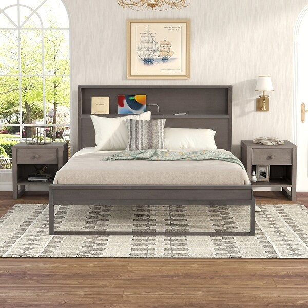 3-Pieces Bedroom Sets Queen Size Platform Bed with Two Nightstands - - 36796785