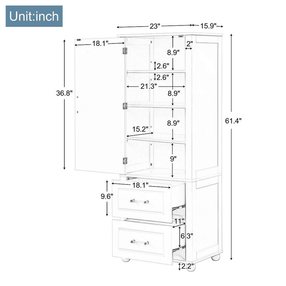 Tall Bathroom Cabinet with Acrylic Bar Handles  Freestanding Storage Organizer with Pull out Drawers and Adjustable Shelf