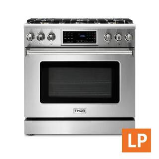 Thor Kitchen Tilt Panel 36-in 6 Burners Freestanding Gas Range with self-cleaning air fry convection oven in. Stainless Steel in LP TRG3601ULP