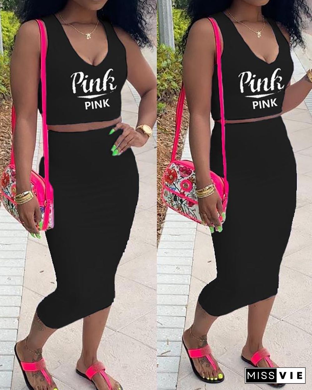 Letter Print V-Neck Crop Top & Plain Midi Skirt Set