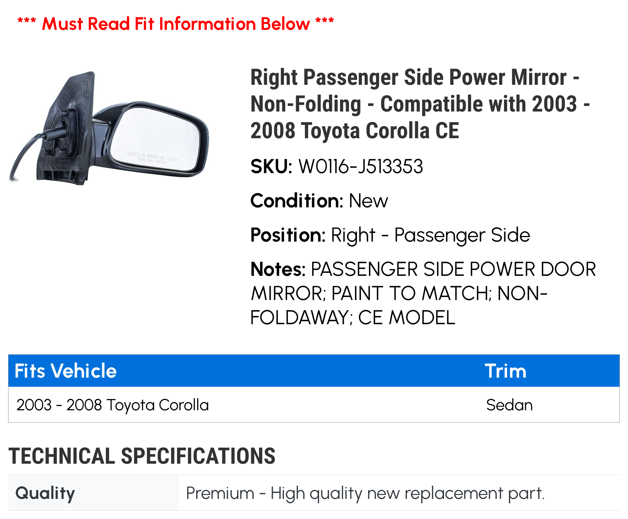 Right Passenger Side Power Mirror - Non-Folding - Compatible with 2003 - 2008 Toyota Corolla CE 2004 2005 2006 2007