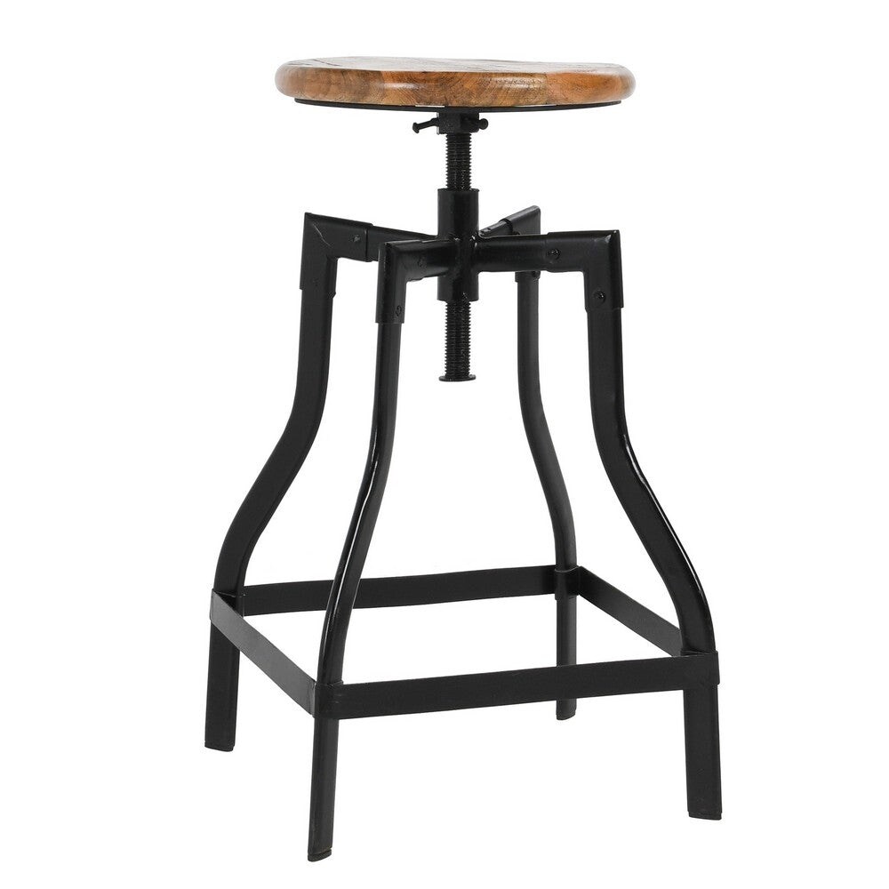 29 Inch Industrial Adjustable Barstool， Wood Seat， Set of 2， Honey Brown