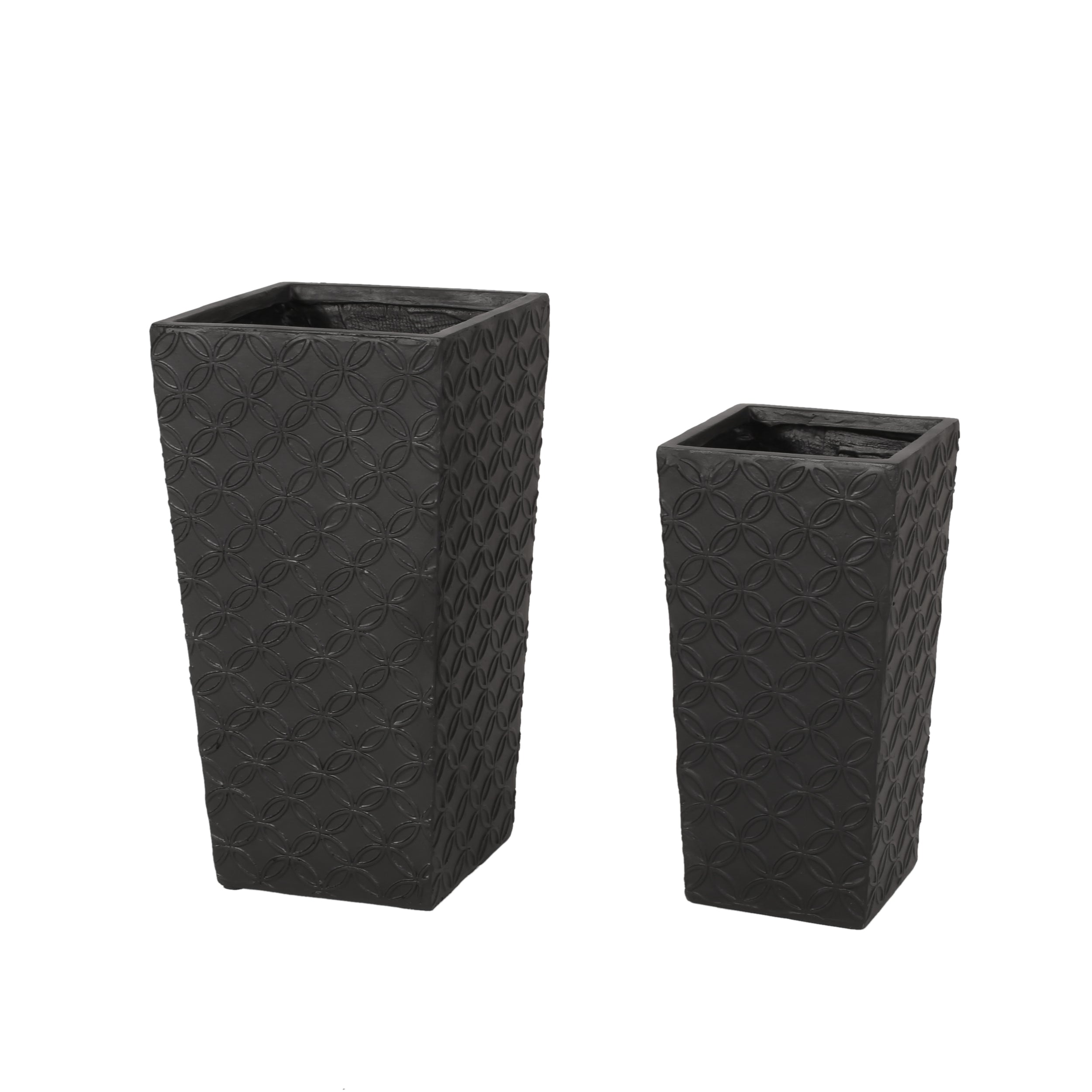 Beadles Outdoor Large and Medium Cast Stone Planters, Set of 2, Matte Black