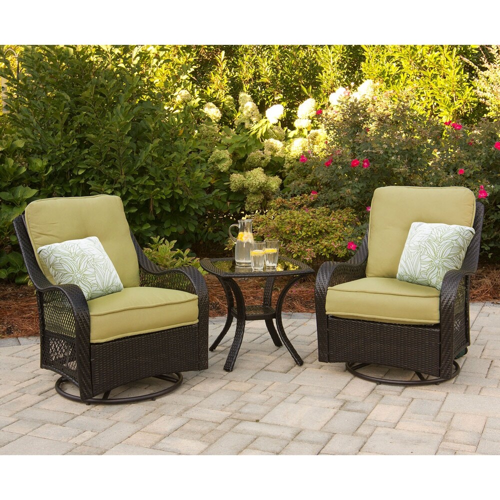 Hanover ORLEANS3PCSW Orleans Avocado Green Rattan 3 piece Outdoor Swivel Rocking Chat Set