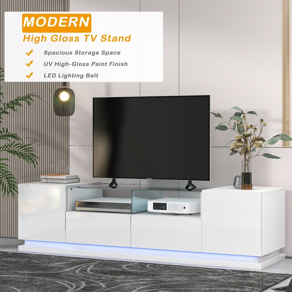 TV Stand with Tempered Glass  Modern High Gloss Entertainment Center for TVs Up to 70\