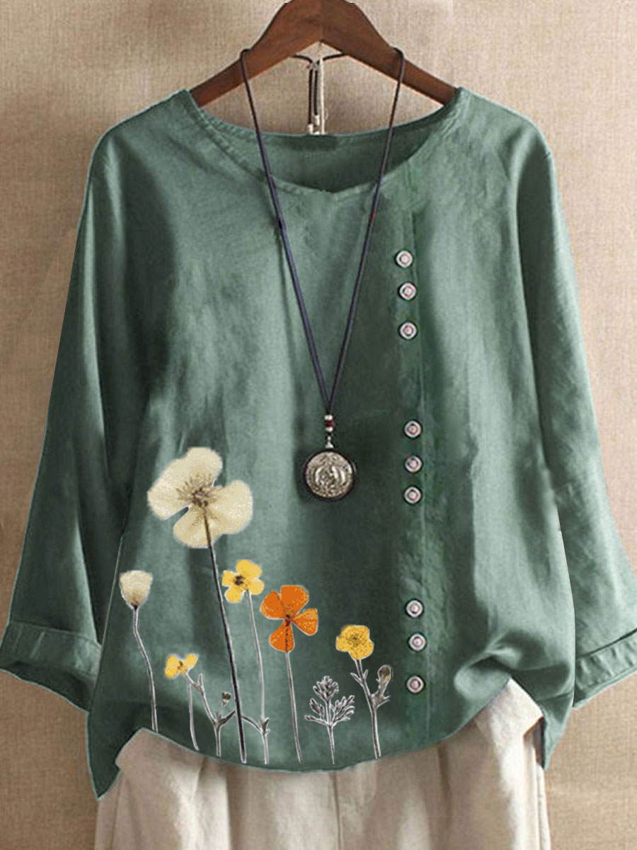 Floral Print Round Neck Cotton And Linen Long Sleeve Blouse