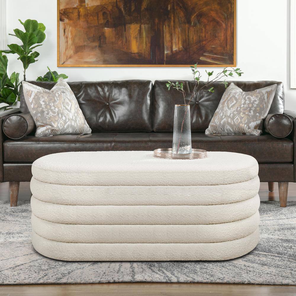 Jennifer Taylor Fuji 19 in. Upholstered Oval Storage Bench Ivory White Boucle 85750-MBW