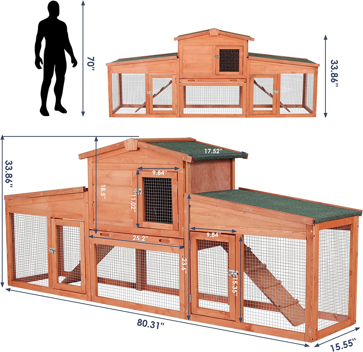 Arlopu 80.3'' Rabbit Cage Fir Wood Rabbit Hutch Outdoor Yard Small Animal Bunny Cage with Asphalt Roof