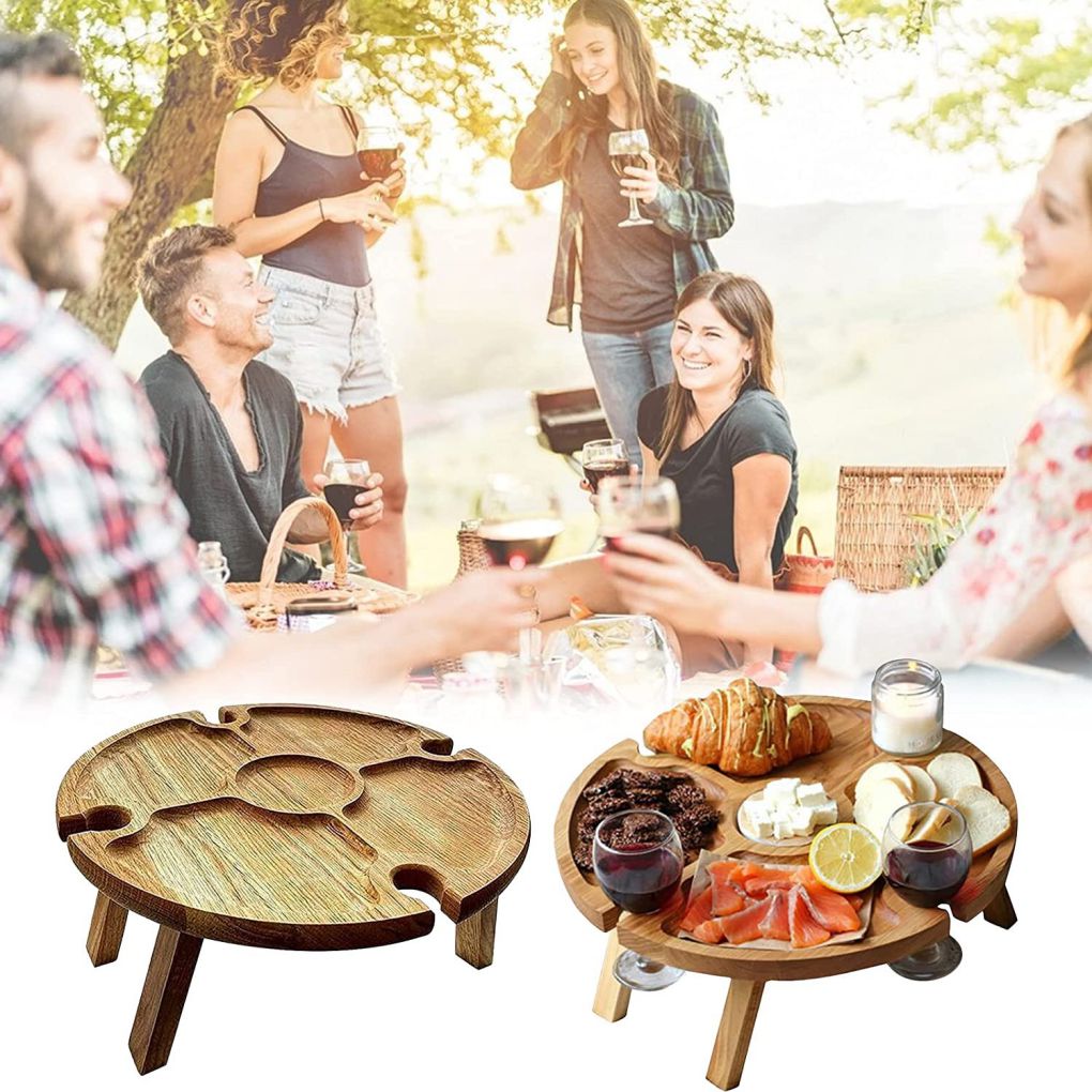 1111Fourone Wine Table Outdoor Wooden Glass Table Portable Folding Beach Wine Holder for Camping Picnic， L