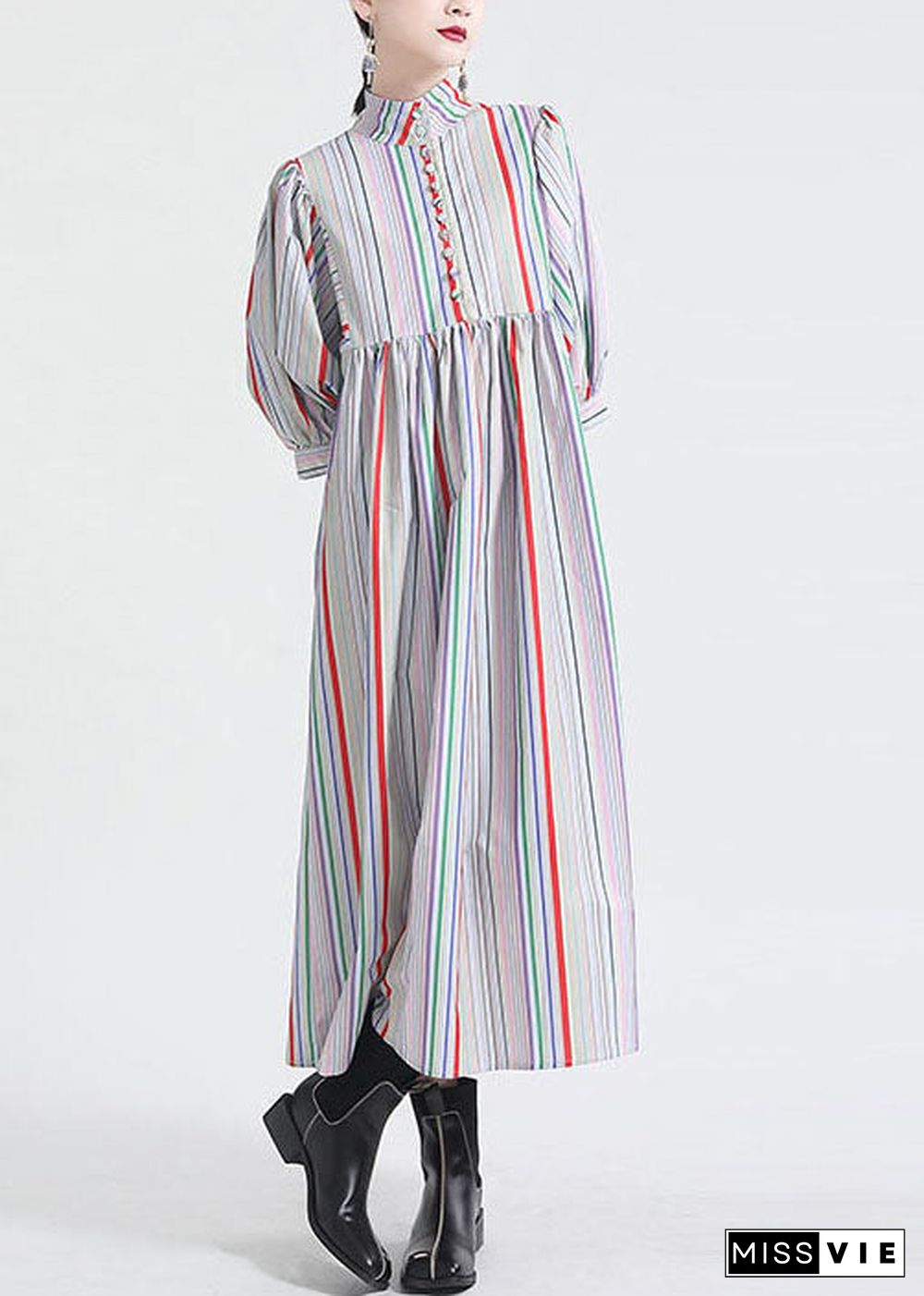 Fashion Stand Collar Multi Striped Puff Sleeve Cotton Party Dress