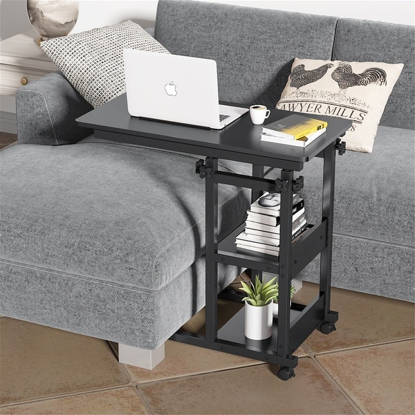 Brown/ Black Wood C-Shaped OverBed SideTable with Wheels， Industrial mobile Bed End Tables for Bedroom