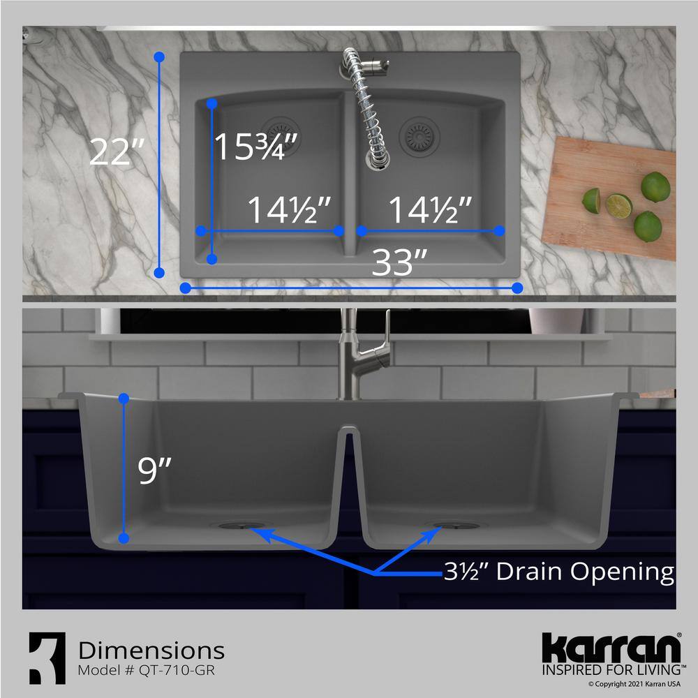 Karran QT- 710 qt. 33 in. 5050 Double Bowl Drop-In Kitchen Sink in Grey with Faucet in Matte Black QT710GRKKF330MB