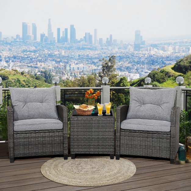 Tangkula 3pcs Patio Rattan Sofa Set Outdoor Wicker Conversation Set Glass Tabletop W Grey Cushion