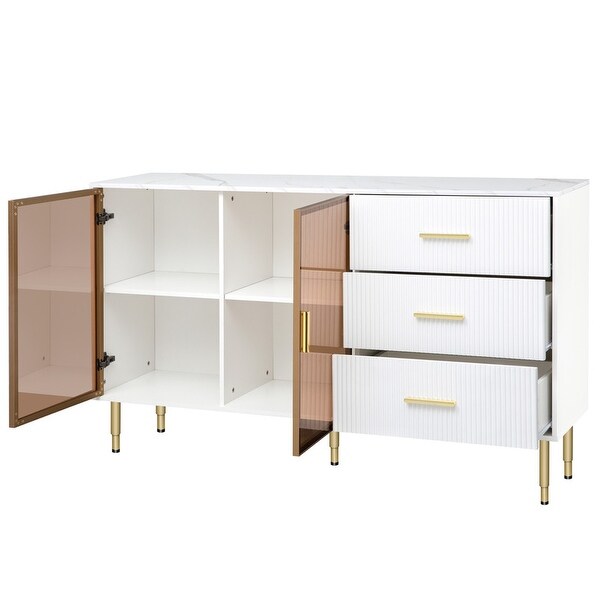 Wooden buffet cabinet sideboards with amber yellow tempered glass doors and 3 drawers