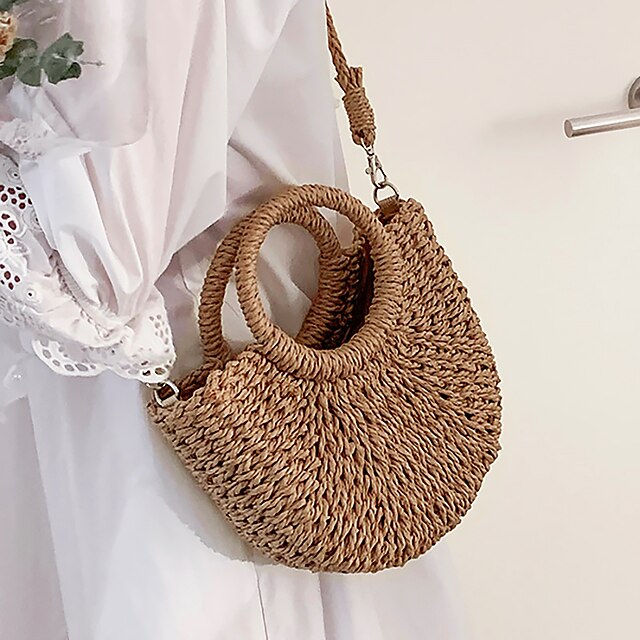 Women's Handbag Crossbody Bag Straw Bag Straw Holiday Beach Large Capacity Breathable Solid Color Folk off white khaki