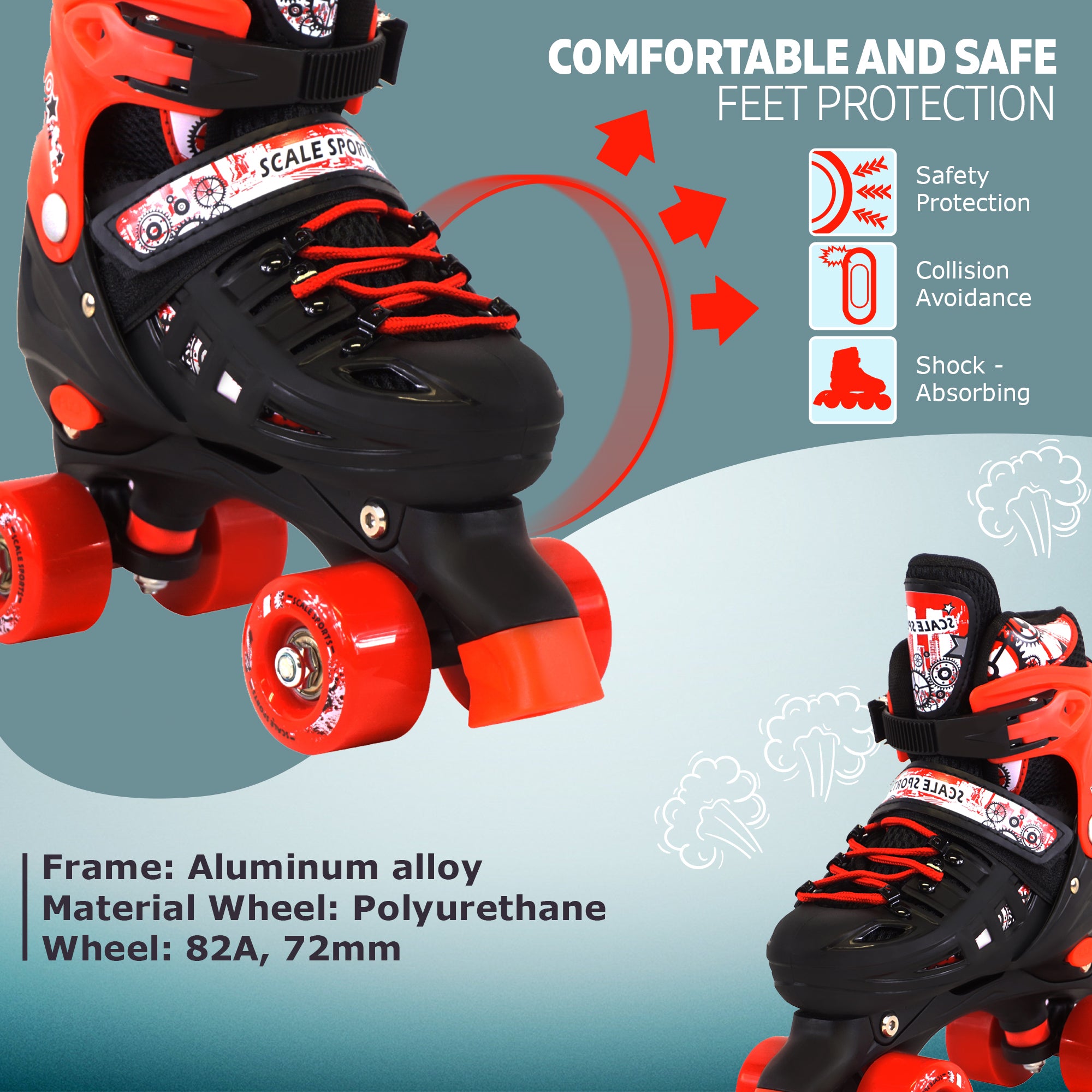 Adjustable Red Quad Roller Skates For Kids Medium Sizes