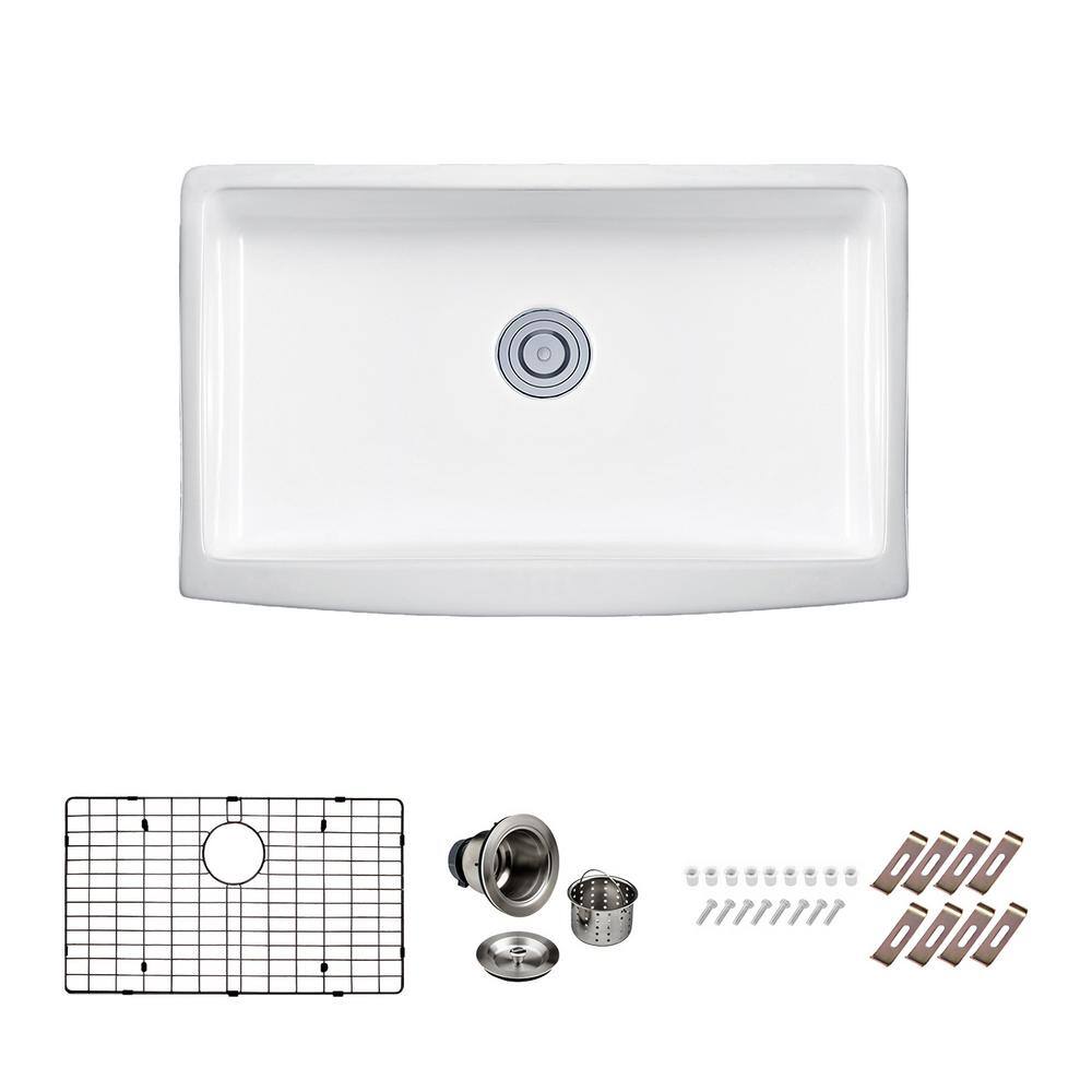 PELHAM  WHITE Kingsbridge Fireclay 29.75 in. Single Bowl Farmhouse Apron Kitchen Sink with Bottom Grid Drain PWS502