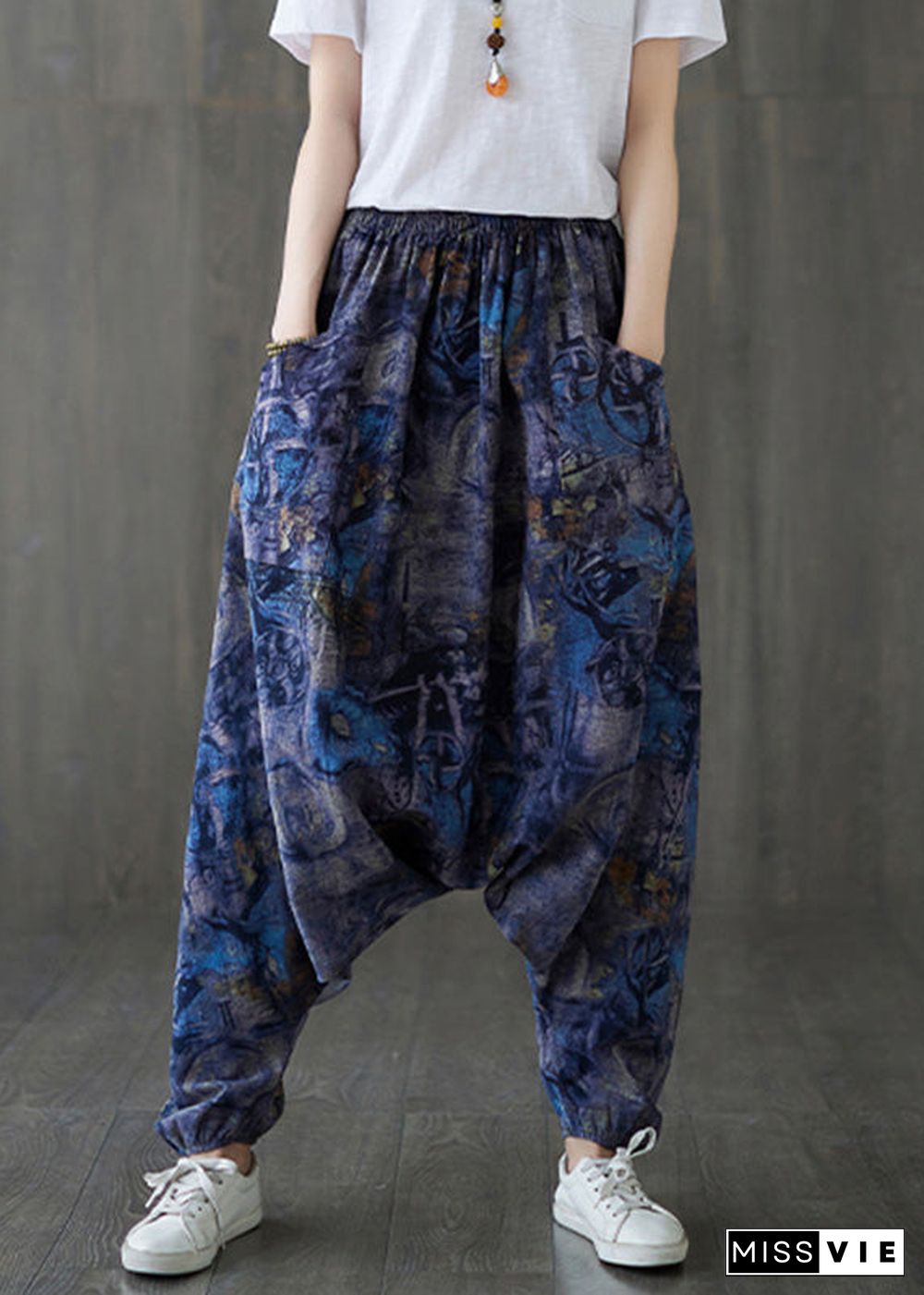 Blue Elastic Waist Loose Lantern Pants Summer