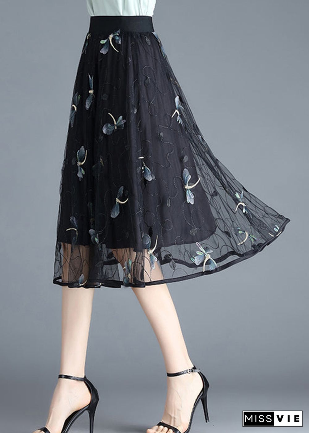 Boho Black Butterfly Embroideried Elastic Waist Tulle Skirt Summer