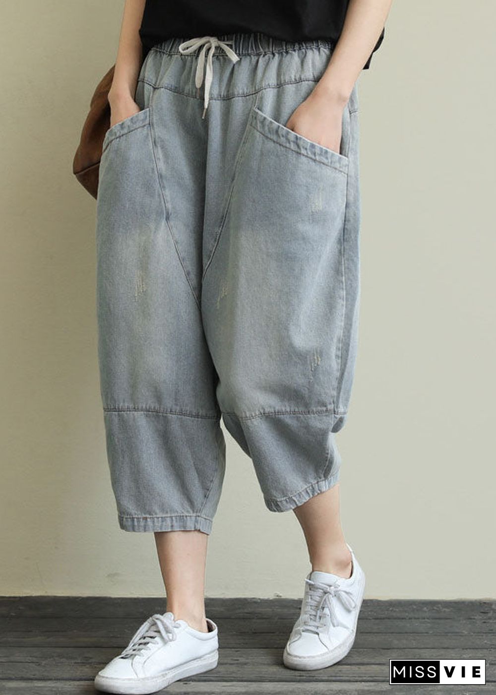 French Light Blue pockets elastic waist Cotton denim Pants Spring