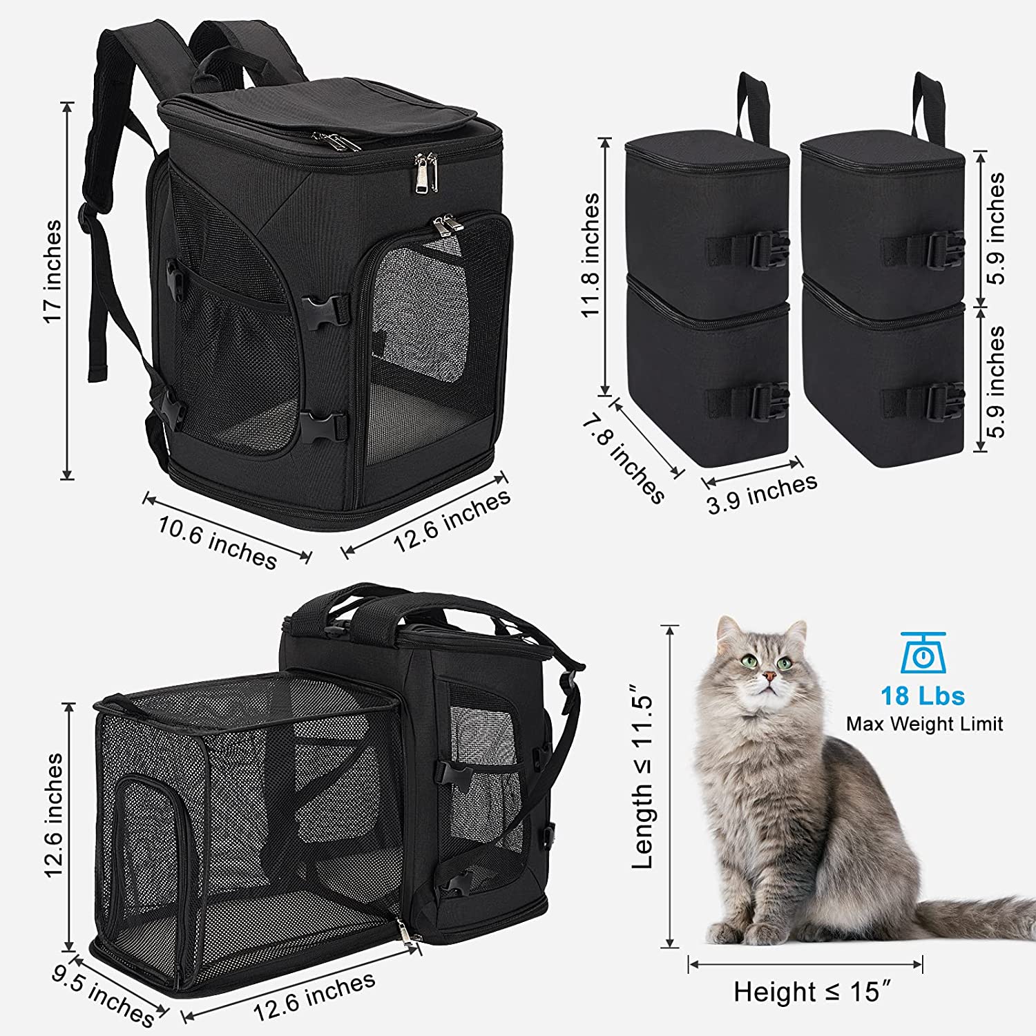 Pet Carrier Backpack with Detachable Side Pockets for Cats and Dogs, Expandable Cat Dog Puppy Carrier Backpacks, Airline Approved, for Travel / Hiking / Outdoor Use, Black