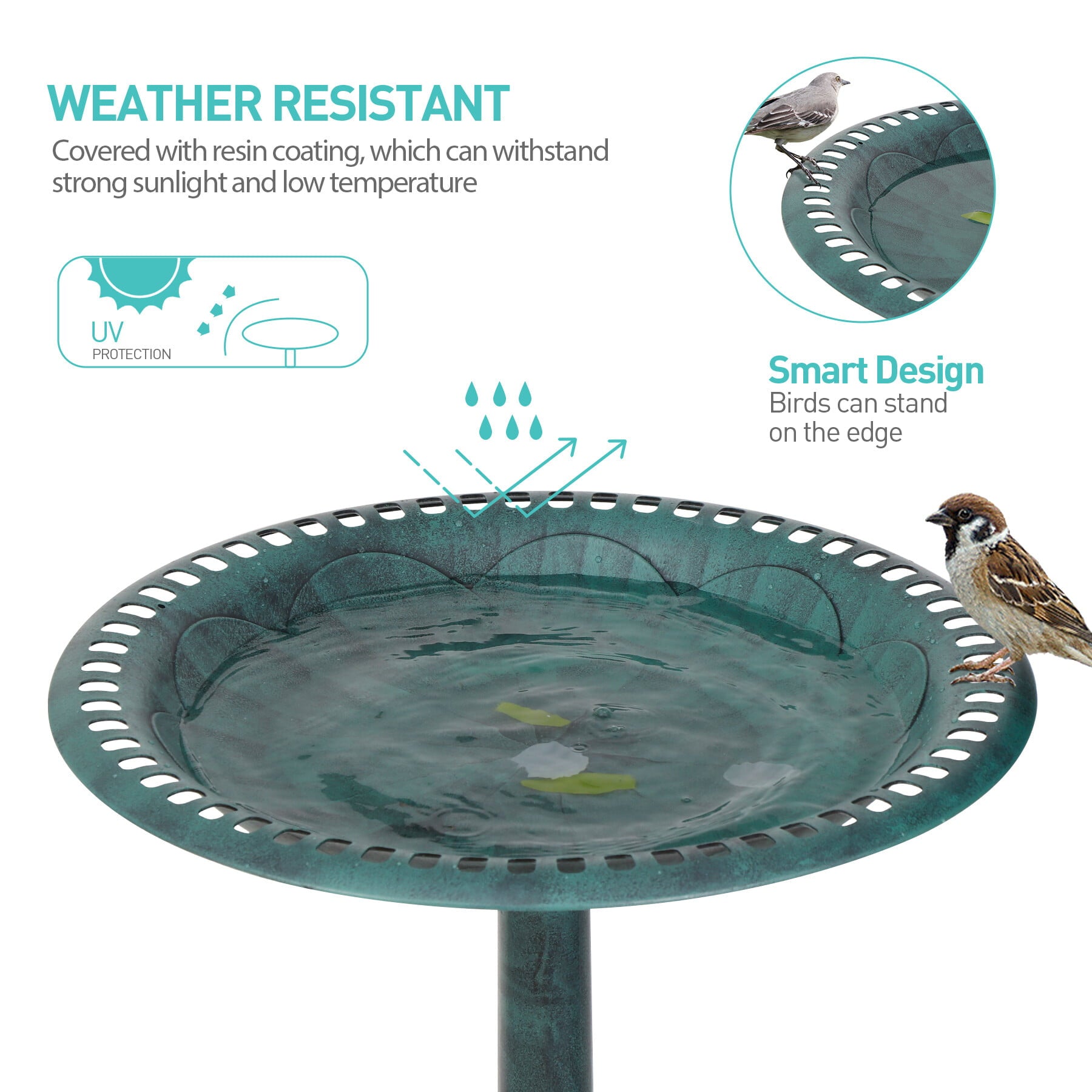 ZENY 28" Height Garden Resin Vintage Freestanding Bird Bath Bowl, Green