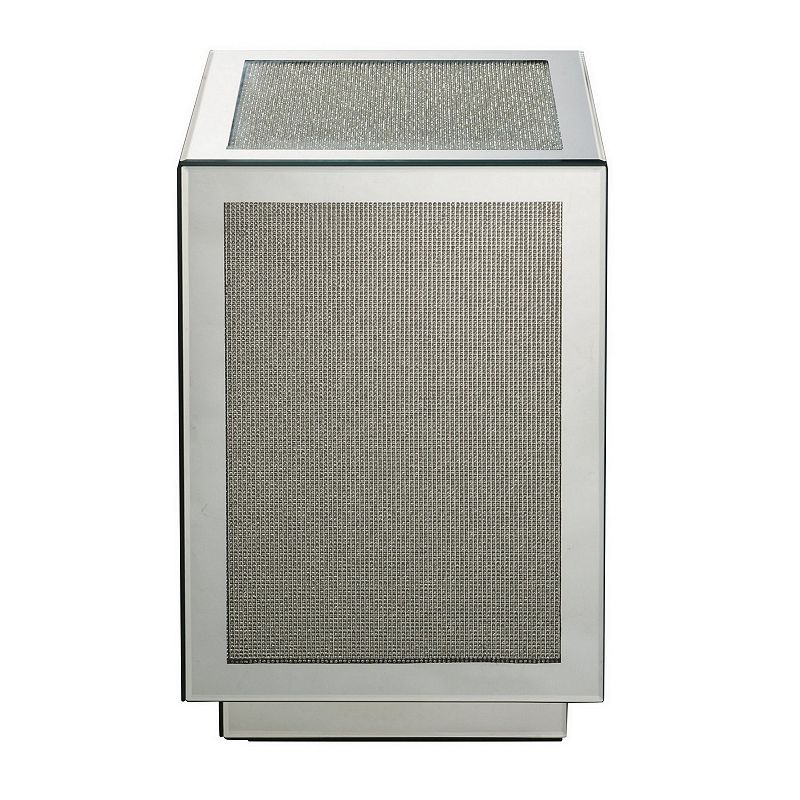 Mirrored Accent Table with Faux Diamond Inlay and Glass Top， Silver