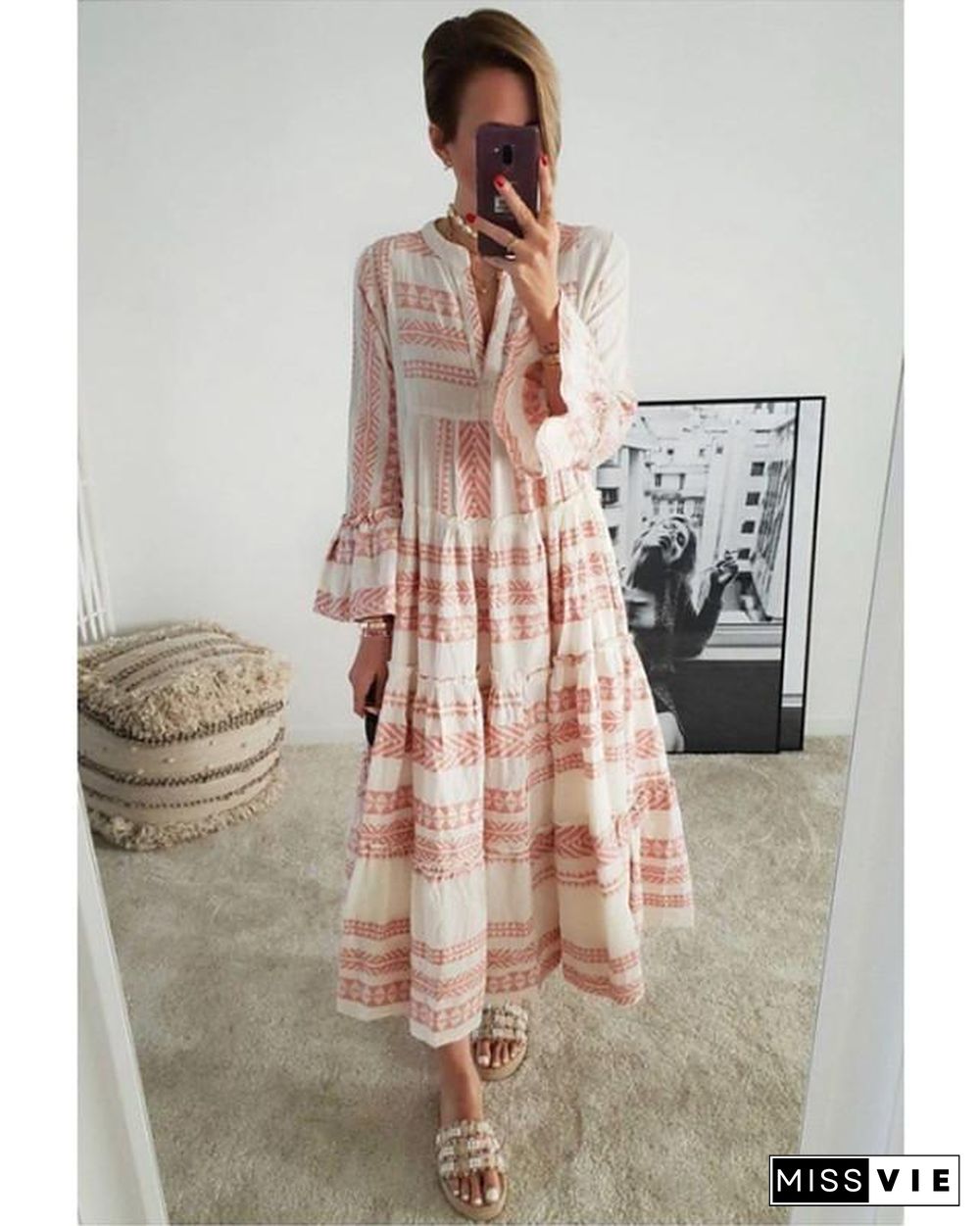 Women's Swing Dress Maxi long Dress 3/4 Length Sleeve Geometric Print Spring Summer Boho Flare Cuff Sleeve Blushing Pink Gray S M L XL XXL 3XL