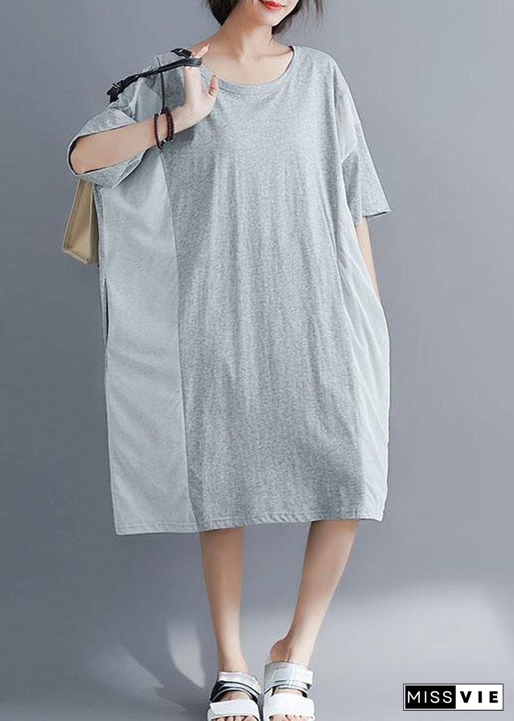 Elegant gray cotton Tunics o neck patchwork Maxi summer Dresses