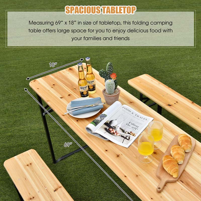 70'' 3 Pcs Folding Picnic Table Bench Set, Portable Beer Table with Seating Set, Wooden Top Outdoor Dining Table Set