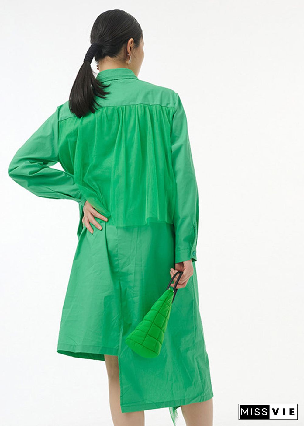 Chic Green Asymmetrical Tulle Patchwork Ruffles Cotton Shirt Dress Spring