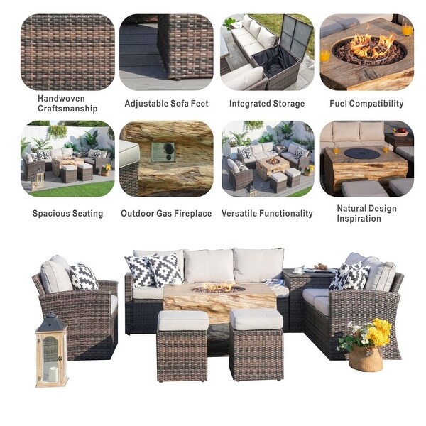 7piece Patio Wicker Garden Chat Sofa Set with Fire Pit and Storage Box