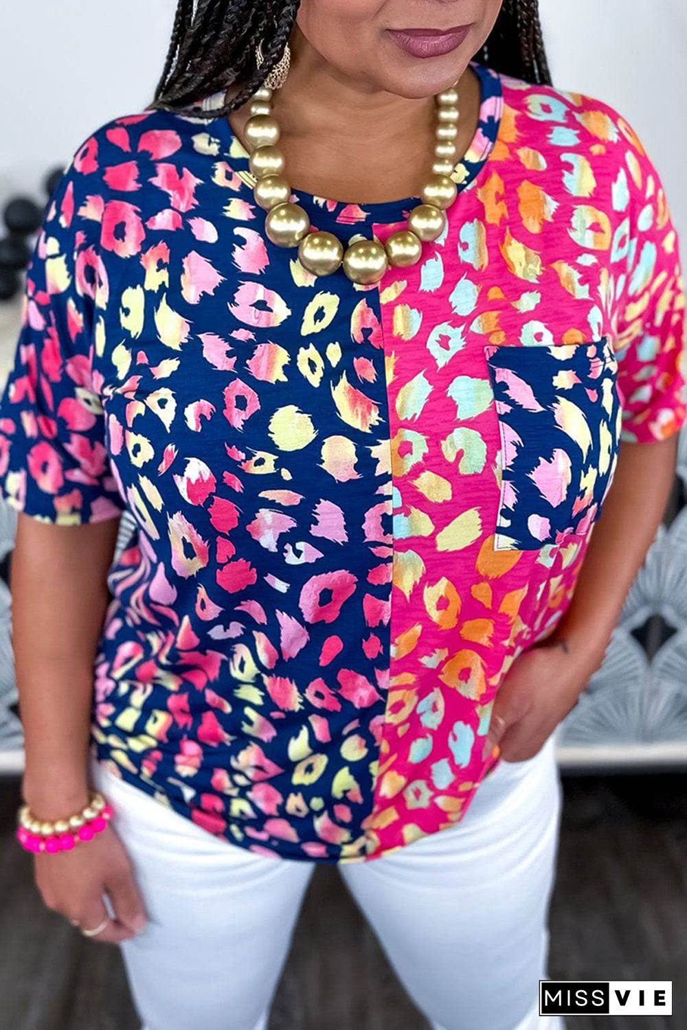 Plus Size Leopard Colorblock Short Sleeve Top