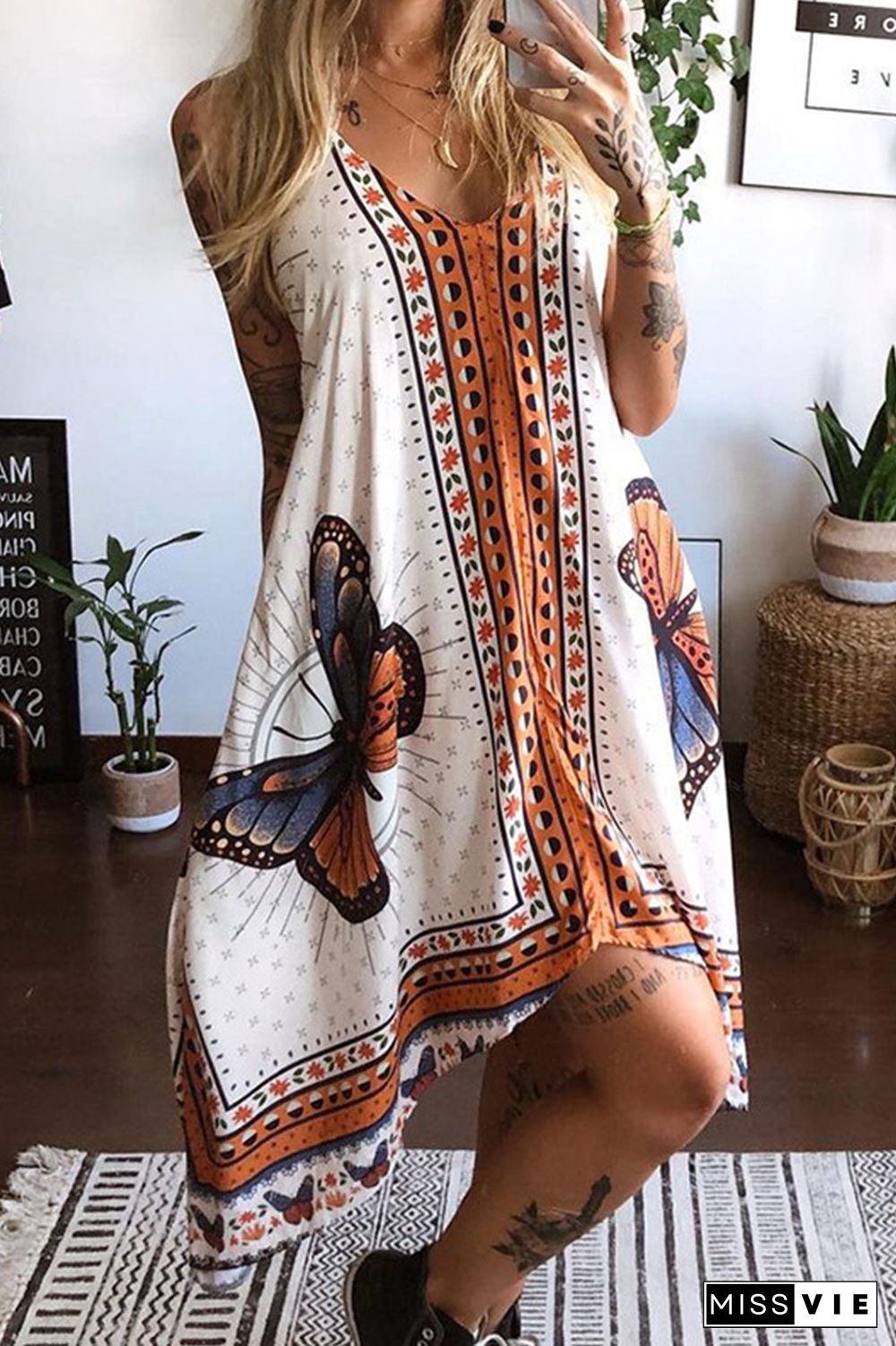 Casual Print Butterfly Print Backless V Neck Irregular Dress Dresses